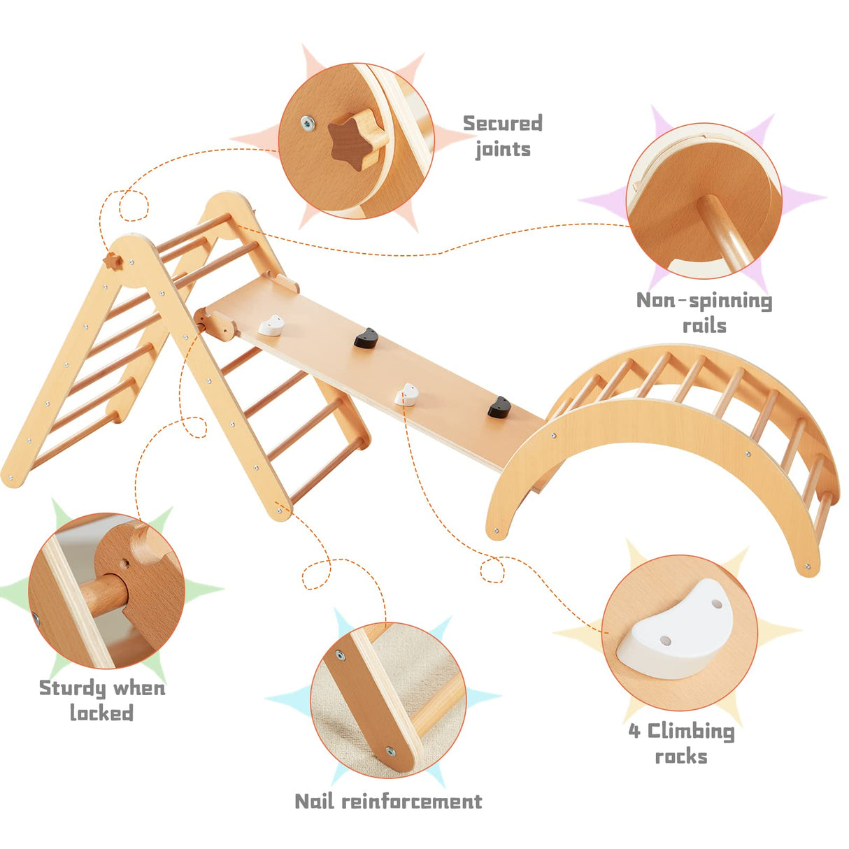 Beright 4 in 1 Pikler Triangle Gym, Montessori Foldable Climber with Ramp, Indoor Climbing Toys for Kids, Climbing Triangle for Toddlers Arch Climber, Rocker, Learning Waldorf Toy Structure, Natural Beright