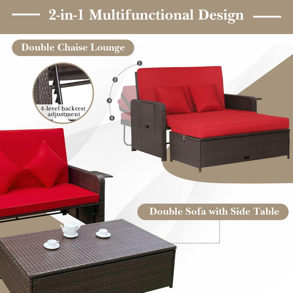 Tangkula Patio Rattan Daybed, Patiojoy Wicker Loveseat Sofa w/Multipurpose Ottoman & Retractable Side Tray, 4-Level Adjustable Backrest, Footstool w/Storage, Seat & Back Cushion Included Tangkula