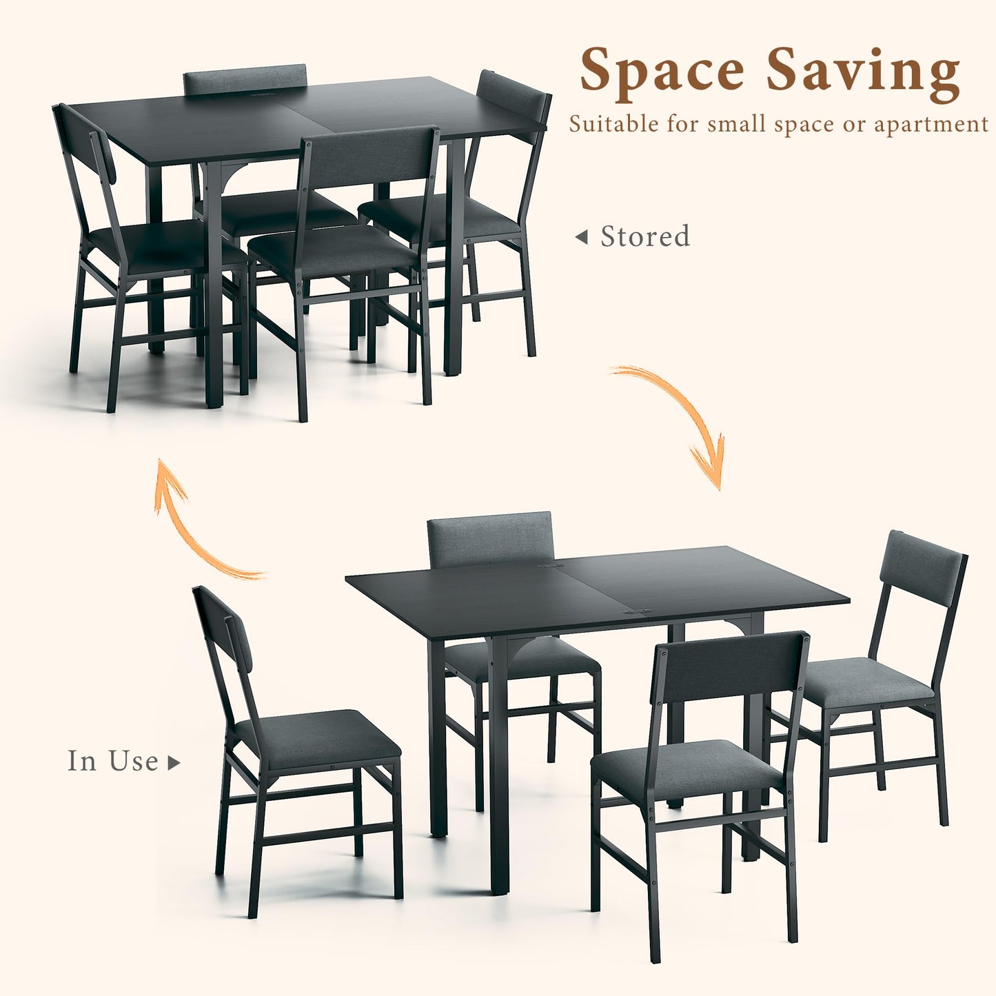 HUAHUU Dining Table Set for 4, Extendable Kitchen Table Cushion Chairs Set of 4, Rectangle Dining Table with Metal Frame & MDF Board, Folding for Small Apartment Saving Space, Black - WoodArtSupply