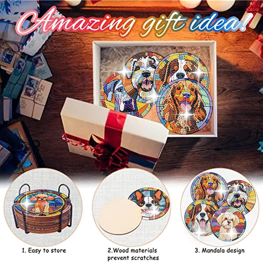 Zythron 8 PCS Dog Diamond Art Coasters Diamond Painting Coasters Kits with Holder Dog DIY Coaster for Beginners, Adults, Diamond Art Crafts Supplies 4x4 in Zythron
