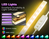 ODK 53 Inch L Shaped Desk with LED Lighting, Reversible Gaming Desk with Power Outlets, Cornor Computer Table with Storage Shelves & Bag & Iron Hook, Home Office Table for Writing, Study, White ODK