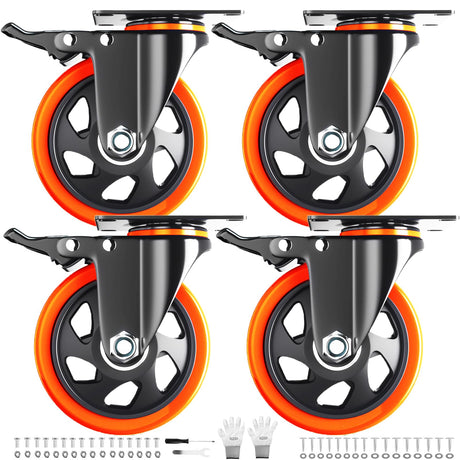 4 Inch Caster Wheels Heavy Duty 2200Lbs, Casters Set of 4 with Safety Dual Locking, Swivel Industrial Plate Casters, No Noise Wheels for Cart, Furniture(Bonus of 2 Hardware Kits & Gloves) WOZESEIK