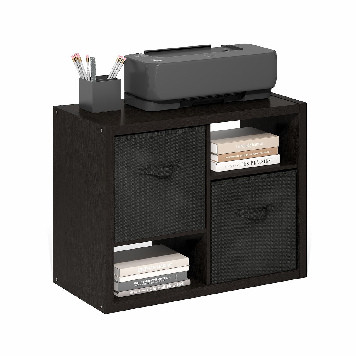 Furinno Viola Storage Shelf, 4-Tier Storage Rack with Bins, Book Shelf, Bookshelf, Display Rack with Drawer Bins, Extra Thick Frame, for Organization, Living Room, Home Office, Black Dark Oak Furinno