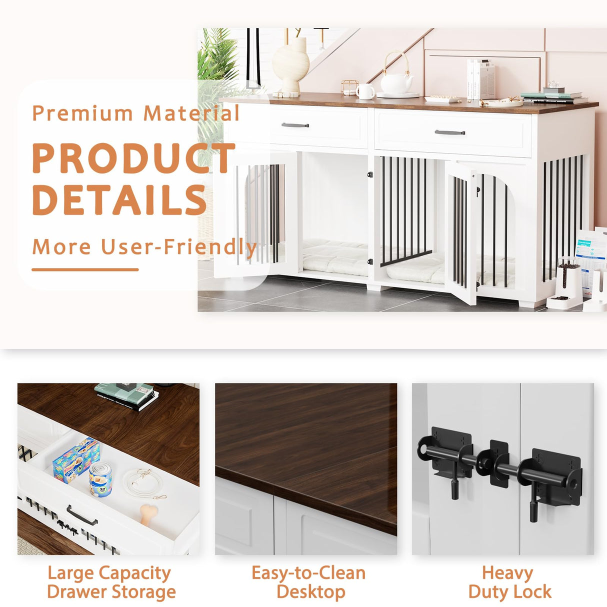 EBE Dog Crate Furniture, 63''Wooden Dog Crate with 2 Drawers and Removable Divider, Dog Kennel Indoor Furniture with Double Rooms, Heavy Duty Dog Crate Table Indoor TV Stand for Small Medium Dogs EBE