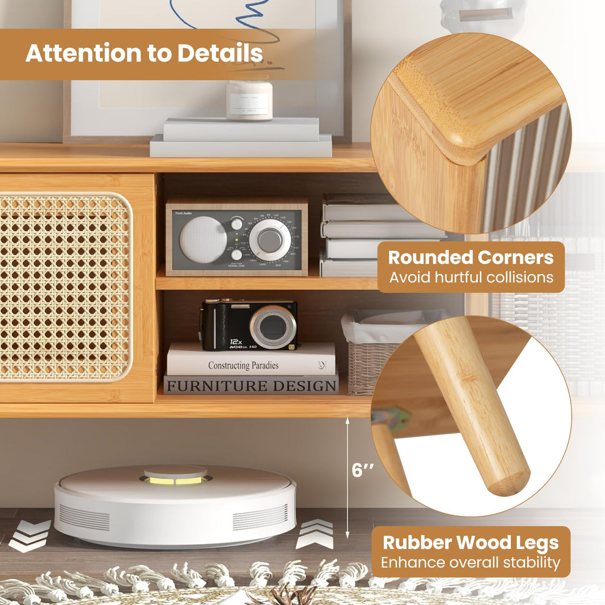 Giantex TV Stand for Living Room TVs up to 55”- Bamboo Entertainment Center with 3-Level Adjustable Shelf, Cable Management Holes, PE Rattan & Tempered Glass Sliding Door, TV Cabinet for Bedroom Giantex