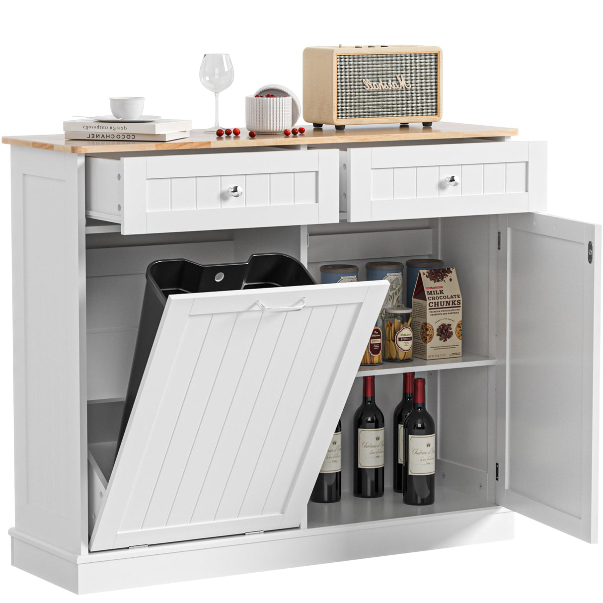 Ancohom Double Tilt Out Trash Cabinet 13 Gallon Kitchen Waste Bins, Laundry Hamper Tilt Out Freestanding Pet Proof Trash Can Garbage Can Holder for Living Room Dining Room (White) Ancohom