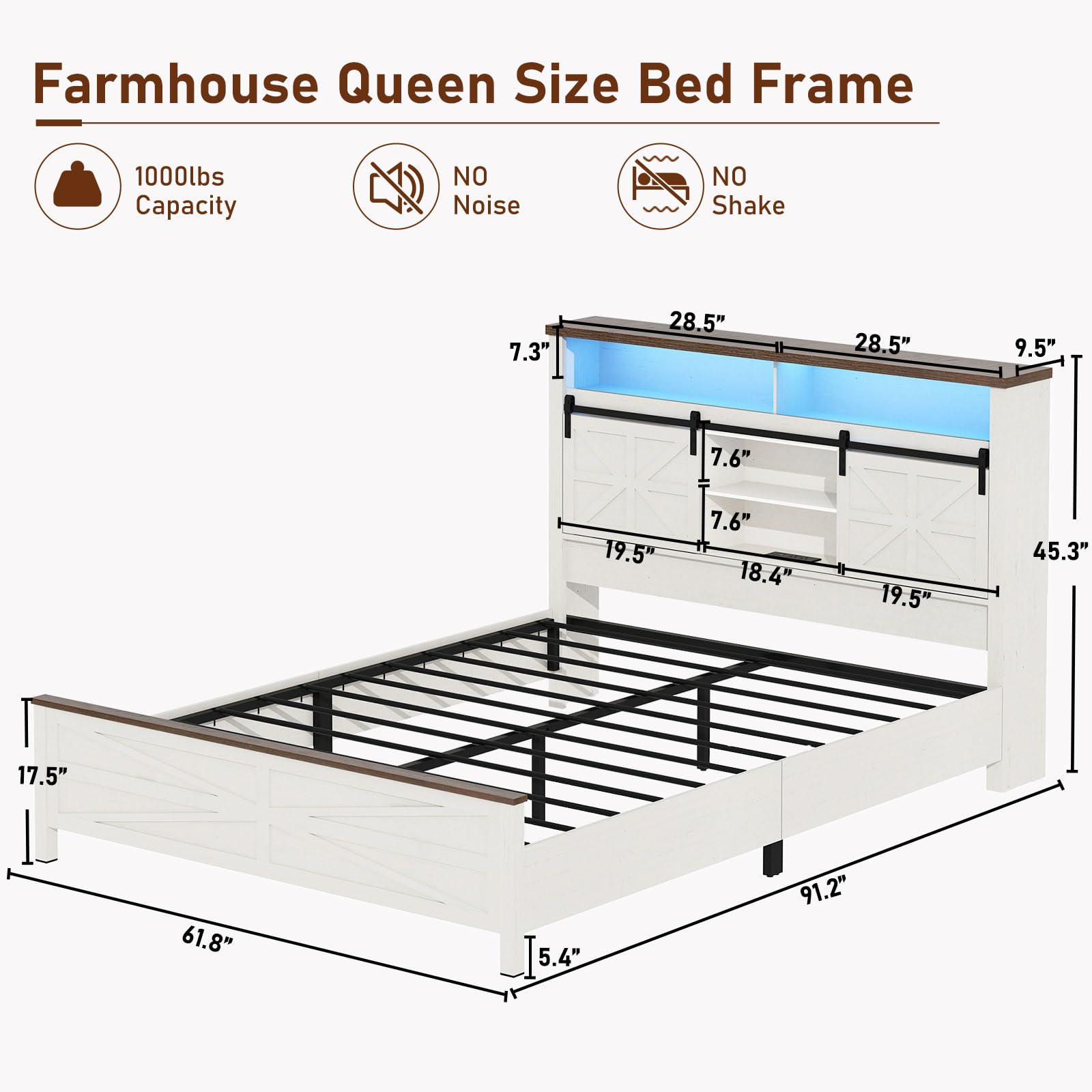 Rustic Farmhouse Queen Size Bed Frame with LED Lights & Storage Bookcase Headboard - WoodArtSupply