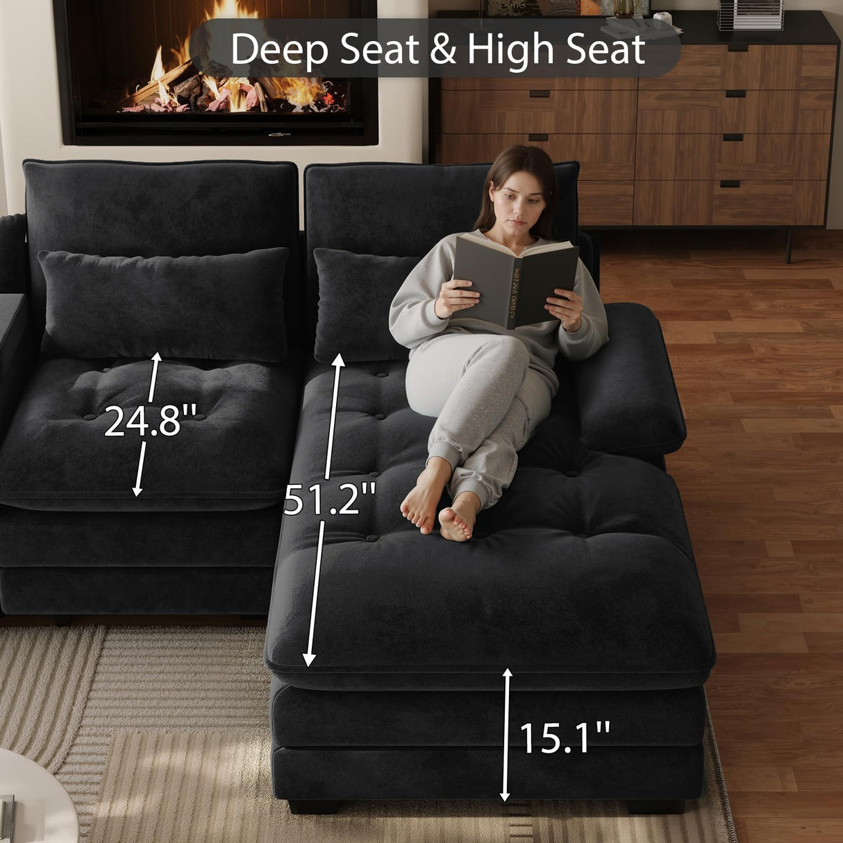 OUYESSIR 134" U Shaped Sectional Cloud Couch,Tufted Couch with Chaise Lounge,Fluffy Black Sectional Couches for Living Room,Comfy Chenille Modular Sofa with Central Console & USB Port OUYESSIR