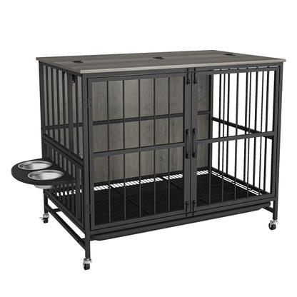 Dog Crate Furniture, Modern Dog Crate Table for Medium Large Dogs, Wooden Dog Kennel Indoor End Table with Removable Tray, Double-Door Dog House with Wheels, Heavy Duty Dog Cage with Flip-Top - WoodArtSupply