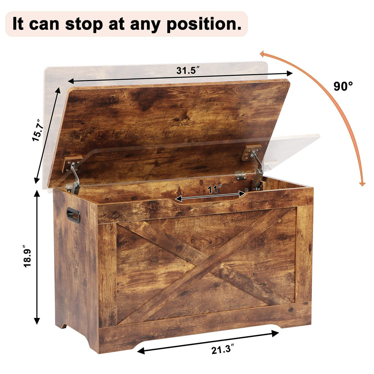 Timberer Storage Chest, Wooden Storage Bench, Entryway Shoes Bench with 2 Safety Hinges, Retro Storage Trunk for Living Room, Bedroom, 15.7 x 31.5 x 18.9 Inches, Rustic Brown Timberer