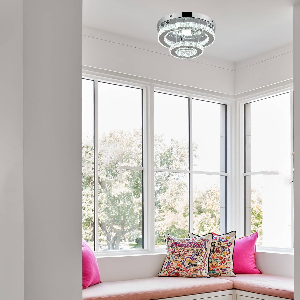 RHEAFON 9.8 Inch Mini Chandelier Light Fixture Round LED Crystal Ceiling Light Flush Mount Crystal Chandeliers for Bedroom Kitchen Foyer Closet Hallway Light, 6500K Cool White RHEAFON