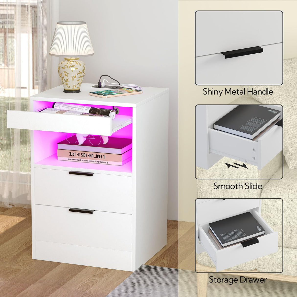 Yusong LED Nightstand Bedside Table with Charging Station 2 Drawers, White Modern Sofa Couch End Side Table with LED Lights and Pull-Out Shelf for Bedroom Living Room, Wooden Yusong
