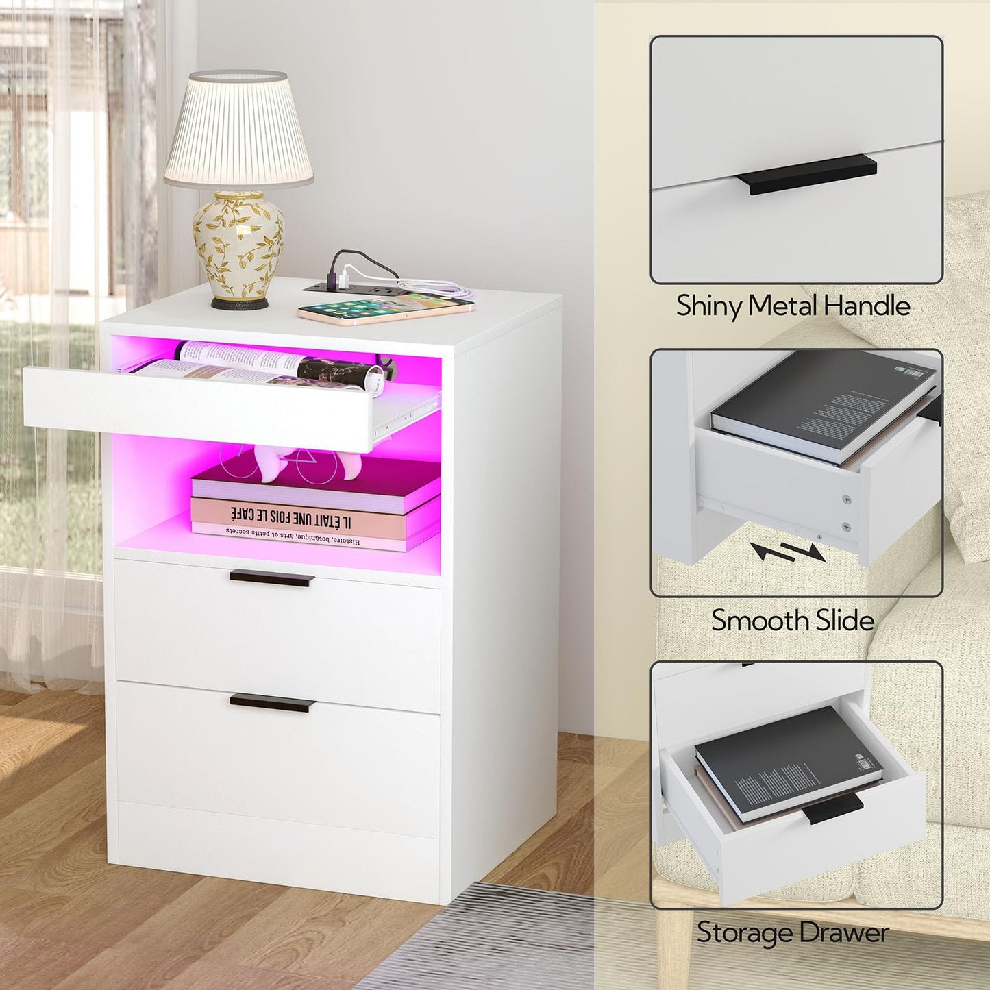 Yusong LED Nightstand Bedside Table with Charging Station 2 Drawers, White Modern Sofa Couch End Side Table with LED Lights and Pull-Out Shelf for Bedroom Living Room, Wooden