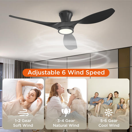 TALOYA 52 Inch Ceiling Fan with Led Light Remote Control Flush Mount Low Profile for Bedroom Farmhouse Patio Outdoor Living Room Kitchen Dining Room,DC Motor,Reversible,Black TALOYA