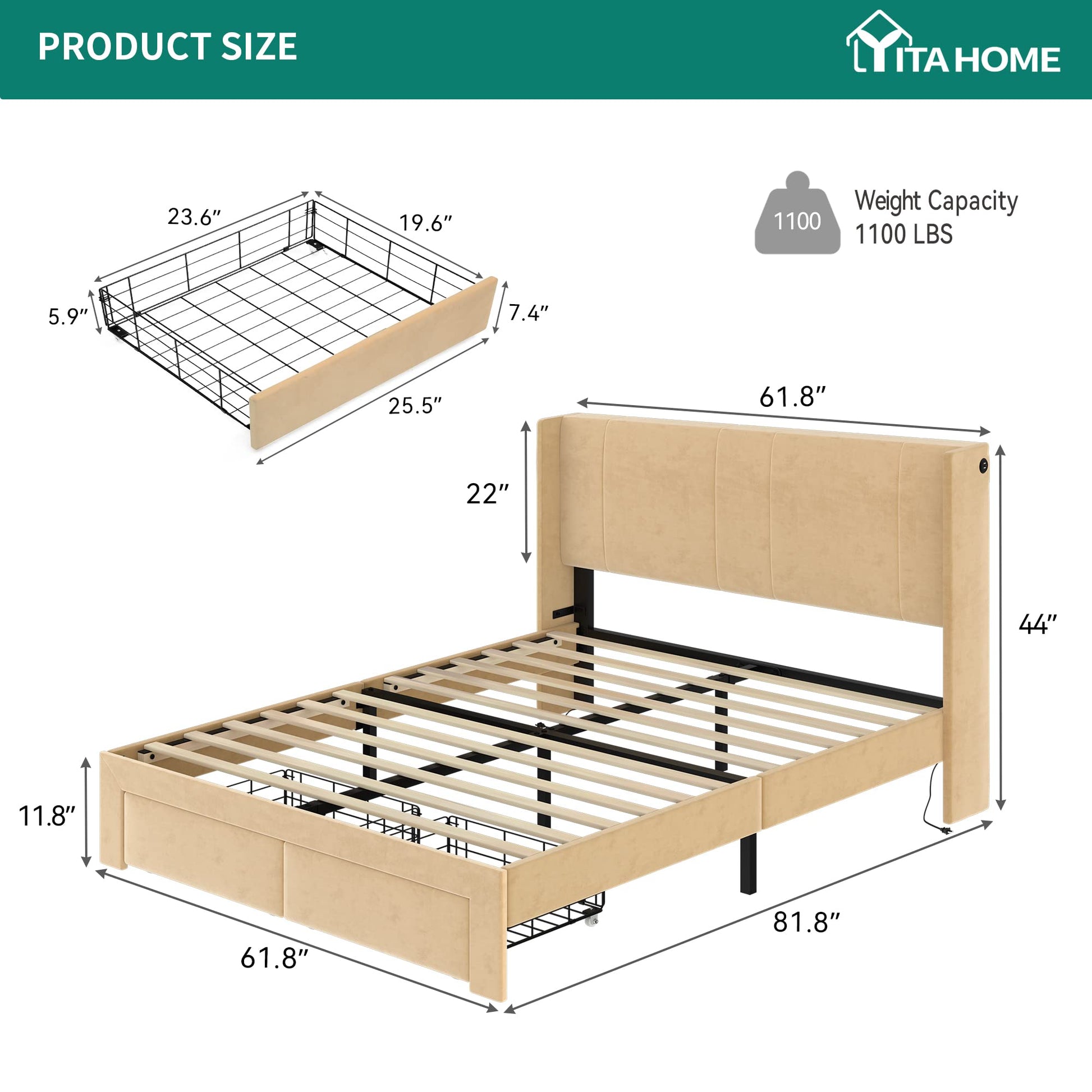 YITAHOME Queen Size Upholstered Platform Bed Frame with Storage Drawers and USB Charging Stations, Beige - WoodArtSupply