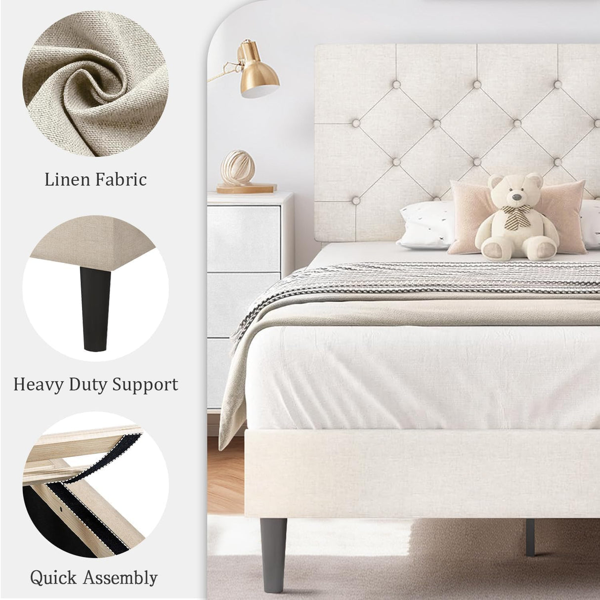 HOMBCK Twin Bed Frames for Kids, Upholstered Platform Bed Frame Twin Size with Tufted Headboard/Wood Slats/No Box Spring Needed/Easy Assemble, White HOMBCK