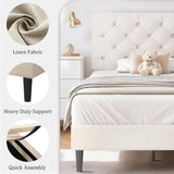 HOMBCK Twin Bed Frames for Kids, Upholstered Platform Bed Frame Twin Size with Tufted Headboard/Wood Slats/No Box Spring Needed/Easy Assemble, White HOMBCK