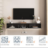 Floating TV Stand, Wall Mounted TV Shelf with LED Lights & Power Outlet, 68.8" Modern Entertainment Center Media Console with Storage with 3 Fluted Flip-Down Doors for Living Room,Bedroom(Black) GOSROMS