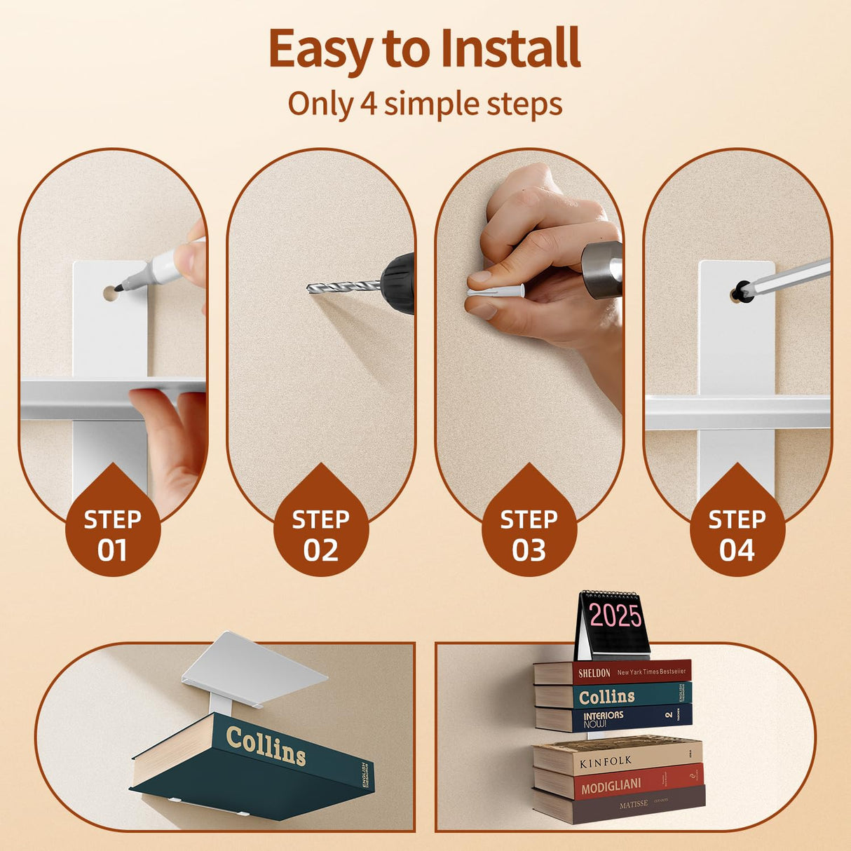 Professional Invisible Floating Book Shelves for Wall, 6 Tier Vertical Spine Book Tower Hanging Bookshelves, Wall Mounted & Space Saving, Heavy Duty Metal Book Organizer for Home Office, 3 Pack White Ninwod