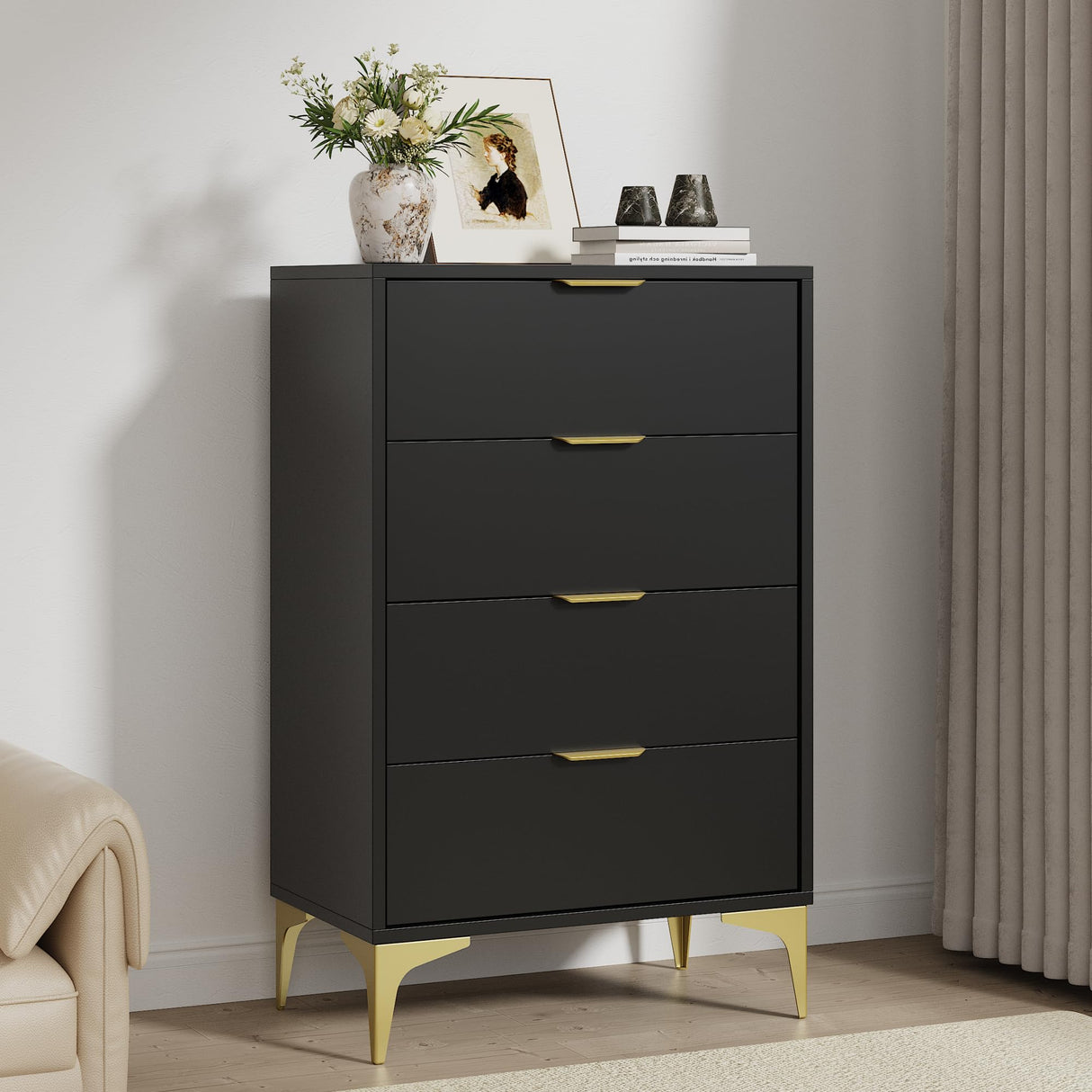LOUVIXA Dresser for Bedroom with 4 Drawers, Wood Chest of Drawers, Dresser Storage Cabinet, 4 Drawer Dressers for Bedroom, Living Room, Entryway, Cloakroom (Black) LOUVIXA