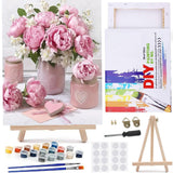 MaiMMaledy Paint by Numbers Kit for Adults Beginners Canvas Pictures with Framed Drawing Painting Acrylic Pigment with Wooden Triangle Easel Pink Flowers 8Wx12L inch MaiMMaledy
