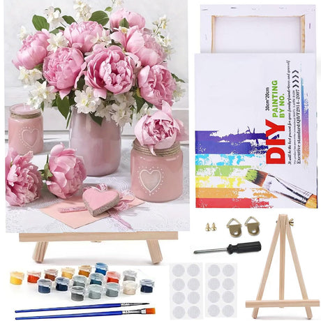 MaiMMaledy Paint by Numbers Kit for Adults Beginners Canvas Pictures with Framed Drawing Painting Acrylic Pigment with Wooden Triangle Easel Pink Flowers 8Wx12L inch MaiMMaledy