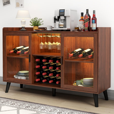 Loomie Wine Bar Cabinet with LED Light, Home Coffee Cabinet with Wine Rack and Glass Holder, Kitchen Buffet Sideboard W Storage Shelf, Freestanding Liquor Cabinet for Living Room, Dining Room (Walnut) Loomie