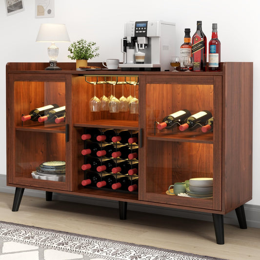 Loomie Wine Bar Cabinet with LED Light, Home Coffee Cabinet with Wine Rack and Glass Holder, Kitchen Buffet Sideboard W Storage Shelf, Freestanding Liquor Cabinet for Living Room, Dining Room - WoodArtSupply