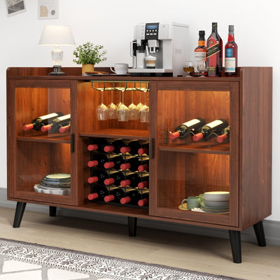 Loomie Wine Bar Cabinet with LED Light, Home Coffee Cabinet with Wine Rack and Glass Holder, Kitchen Buffet Sideboard W Storage Shelf, Freestanding Liquor Cabinet for Living Room, Dining Room (Walnut)