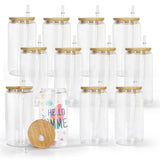 AGH 12 Pack 16oz Clear Sublimation Glass Blanks with Bamboo Lid, Sublimation Glass Cups Transparent Can Shaped Beer Cup with Lid and Straw, Straight Sublimation Tumblers for Iced Coffee Milk Juice AGH