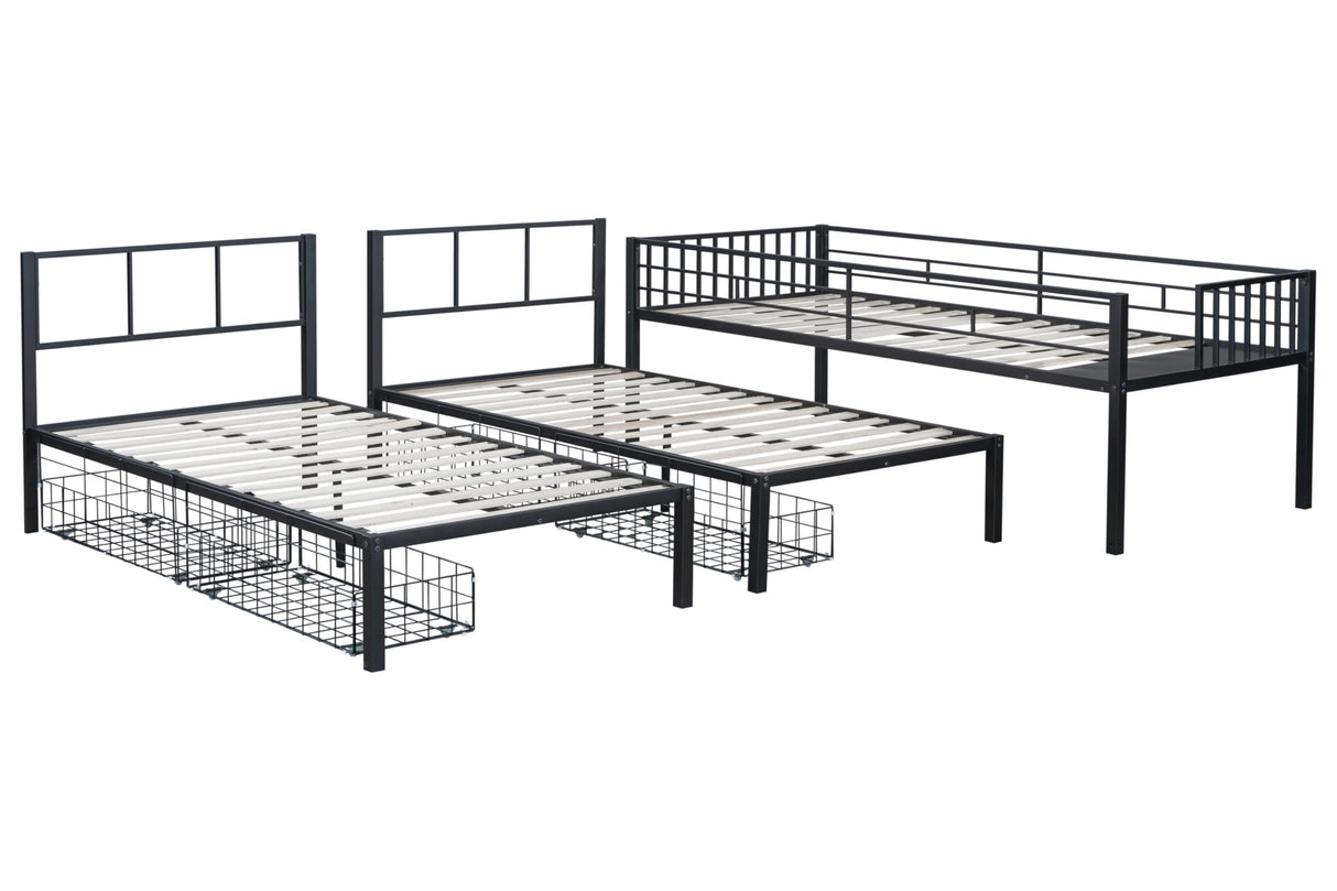 UOCFYK Twin L-Shaped Triple Bunk Bed with Drawers,Can be Divided into 3 Separate Beds w/Safety Textilene Guardrals & Ladder,Space Saving Design for 3 Kids & Teens, No Box Spring Needed, Black UOCFYK