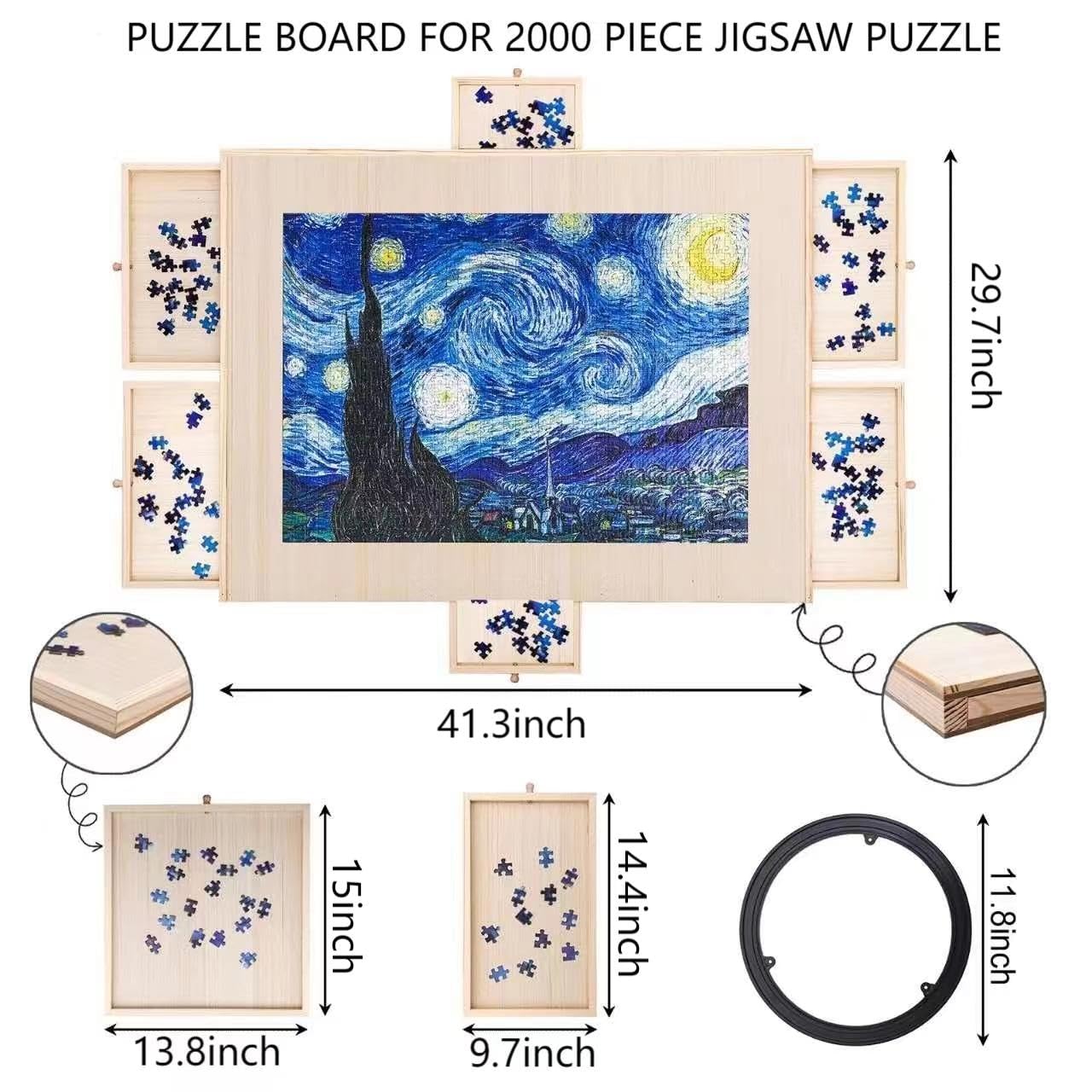 PUZTIXNI 2000 Piece Wood Rotating Puzzle Board with 6 Drawers for Adult, 41.3"" x 29.6"" Lazy Susan Spinning Jigsaw Puzzle Table with Cover, Puzzle Boards Birthday Gift for Mom (X-Large-2000) - WoodArtSupply