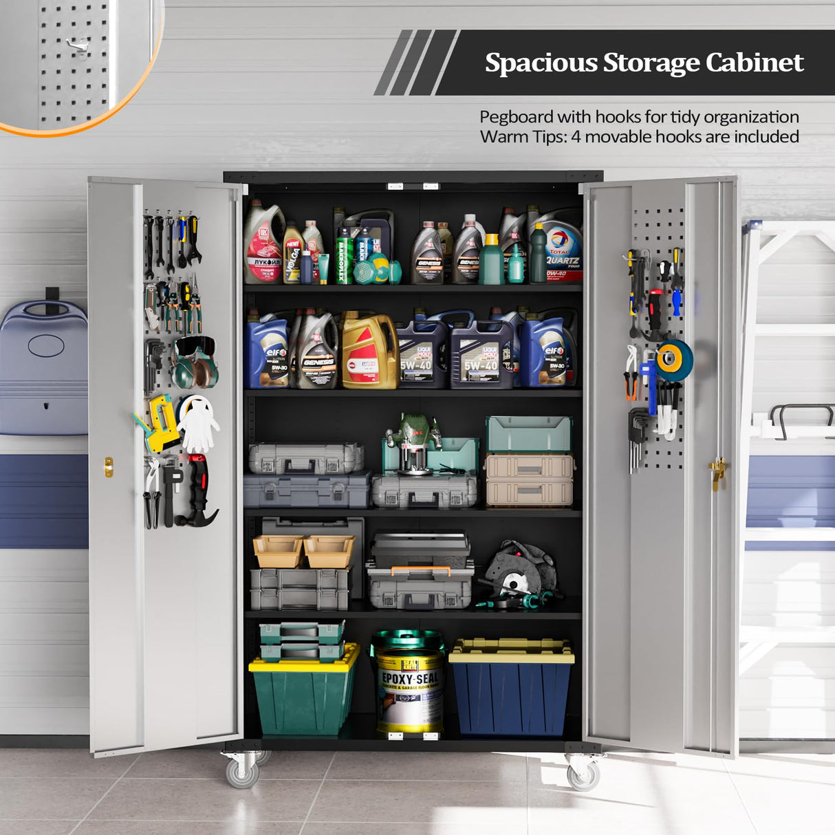 VINGLI Upgraded Wide & Deep Garage Storage Cabinet, Metal Storage Cabinet with Pegboards, Wheels, Locking Doors and Adjustable Shelves (Black & Silver, 43''W x 20''D x 72''H) VINGLI