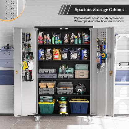 VINGLI Upgraded Wide & Deep Garage Storage Cabinet, Metal Storage Cabinet with Pegboards, Wheels, Locking Doors and Adjustable Shelves (Black & Silver, 43''W x 20''D x 72''H)