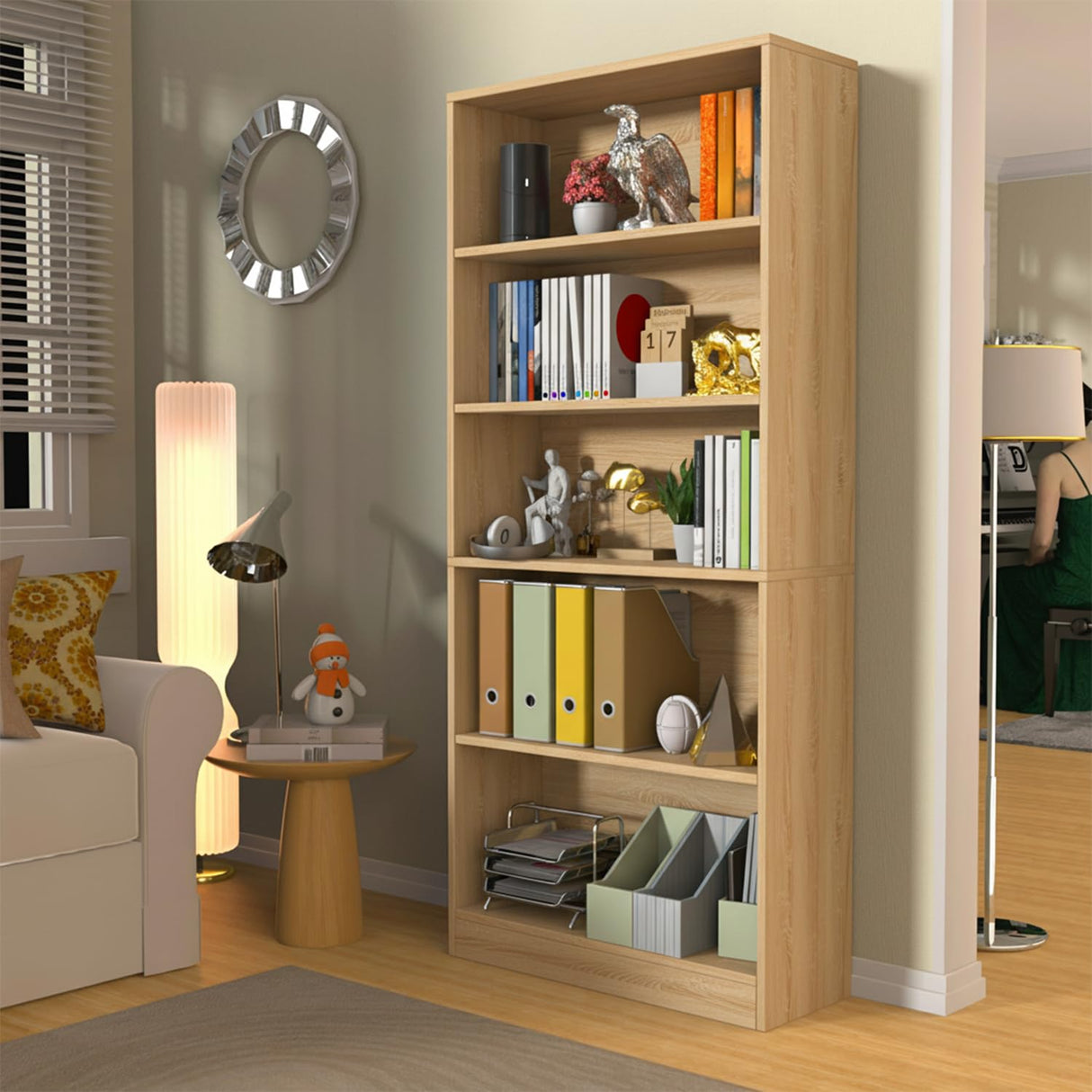 holzart 71" Tall Book Shelf, 5 Tier Large Bookshelf, Standing Wood Display Book Shelf for Living Room, Office, Library with Doors, 31.5" W x 70.87" H x 11.81" D, Oak holzart