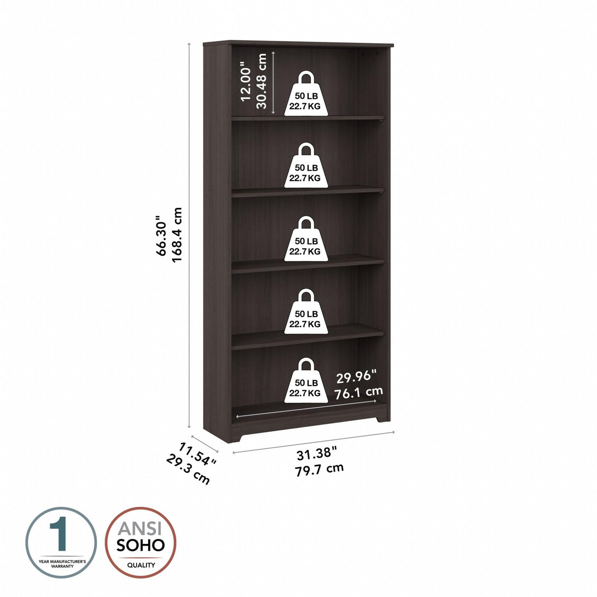 Bush Furniture Cabot Tall 5 Shelf Bookcase | Large Open Bookshelf in Heather Gray | Sturdy Display Cabinet for Library, Living Room, and Home Office Bush Furniture