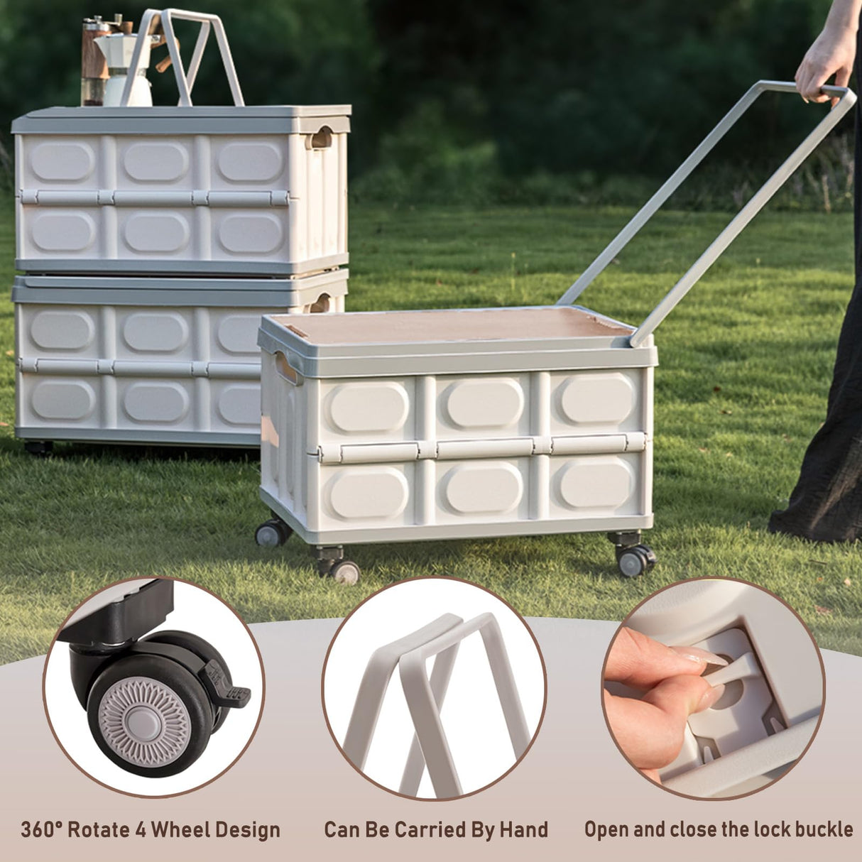 Foldable Utility Cart with Wooden Cover,Folding Portable Rolling Crate with 360° Swivel Wheels,Foldable Camping Basket Supplies,Portable Storage Crate Containers for Camping,Shopping,Office Fanboxk