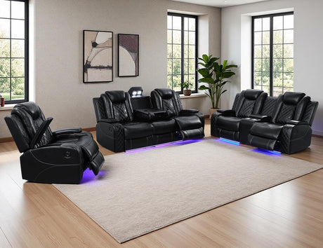 Anthato Black Leather Power Recliner Set with LED Lights, 3-Piece Recliner Sofa Loveseat Chair with Coffee Table/Storage/Charging Port, Modern Reclining Furniture for Living Room/Home Theater/Office Anthato