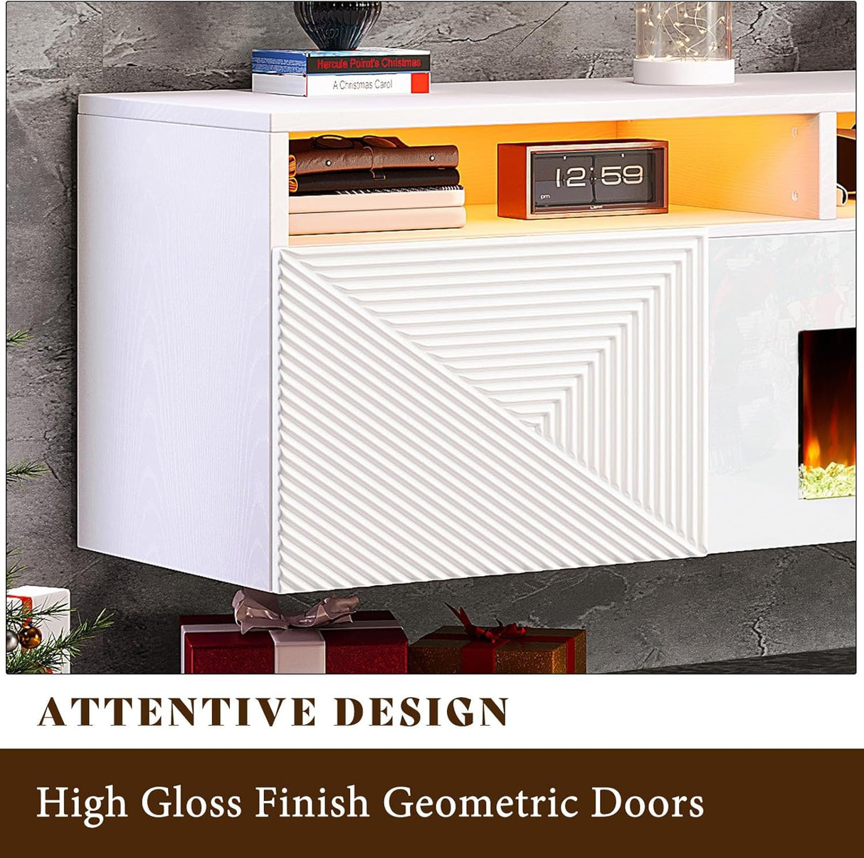 AMERLIFE 70in Floating Fireplace TV Stand with 36" Electric Fireplace and LED Lights, Wall Mounted Entertainment Center with Storage, Modern Media Console for TVs Up to 80", White AMERLIFE