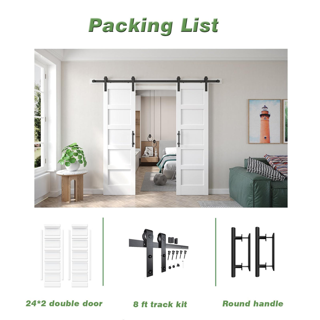 Fredbeck 24x84 inch Double White Barn Door with 8FT Barn Door Hardware Kit Included,with MDF and Wood, Solid PVC Surface,DIY Assembly,5-Panel,48inch FREDBECK