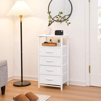 Yoobure White Nightstand - Small Dresser for Bedroom, LED Night Stand with Charger Station, Bedside Table with 4 Fabric Drawers and Open Shelf, Vertical Dressers with USB Ports and Outlets