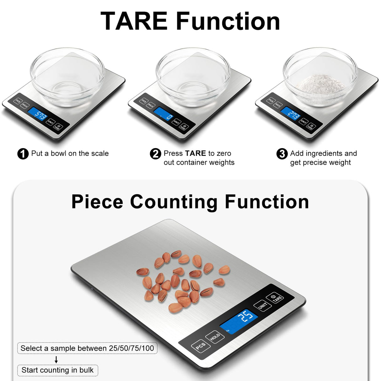 Fuzion Food Scale, 1g/0.1oz Digital Kitchen Scale - 22lb, 7 Units, Tare & PCS, Rechargeable Power, Tempered Glass & Stainless Steel - Food Weight Scale Grams and Ounces for Cooking, Baking Fuzion