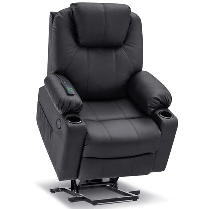 MCombo Electric Power Lift Recliner Chair Sofa with Massage and Heat for Elderly, 3 Positions, 2 Side Pockets, and Cup Holders, USB Ports, Faux Leather 7040 (Black, Medium)