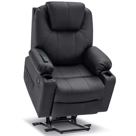 MCombo Electric Power Lift Recliner Chair Sofa with Massage and Heat for Elderly, 3 Positions, 2 Side Pockets, and Cup Holders, USB Ports, Faux Leather 7040 (Black, Medium) MCombo
