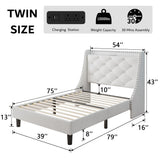 iPormis Velvet Twin Bed Frame with 16" Comfort Wingback & Charging Station, Upholstered Platform Bed with Button Tufted Storage Headboard, Solid Wood Slats Support, No Box Spring Needed, White iPormis
