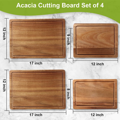 Wood Cutting Boards for Kitchen, Large Cutting Board Set of 4, Wooden Cutting Boards with Juice Grooves, Chopping Board for Meat, Veggies, Easy Grip Handle (double 17x12, 12x9, 12x8 inch)