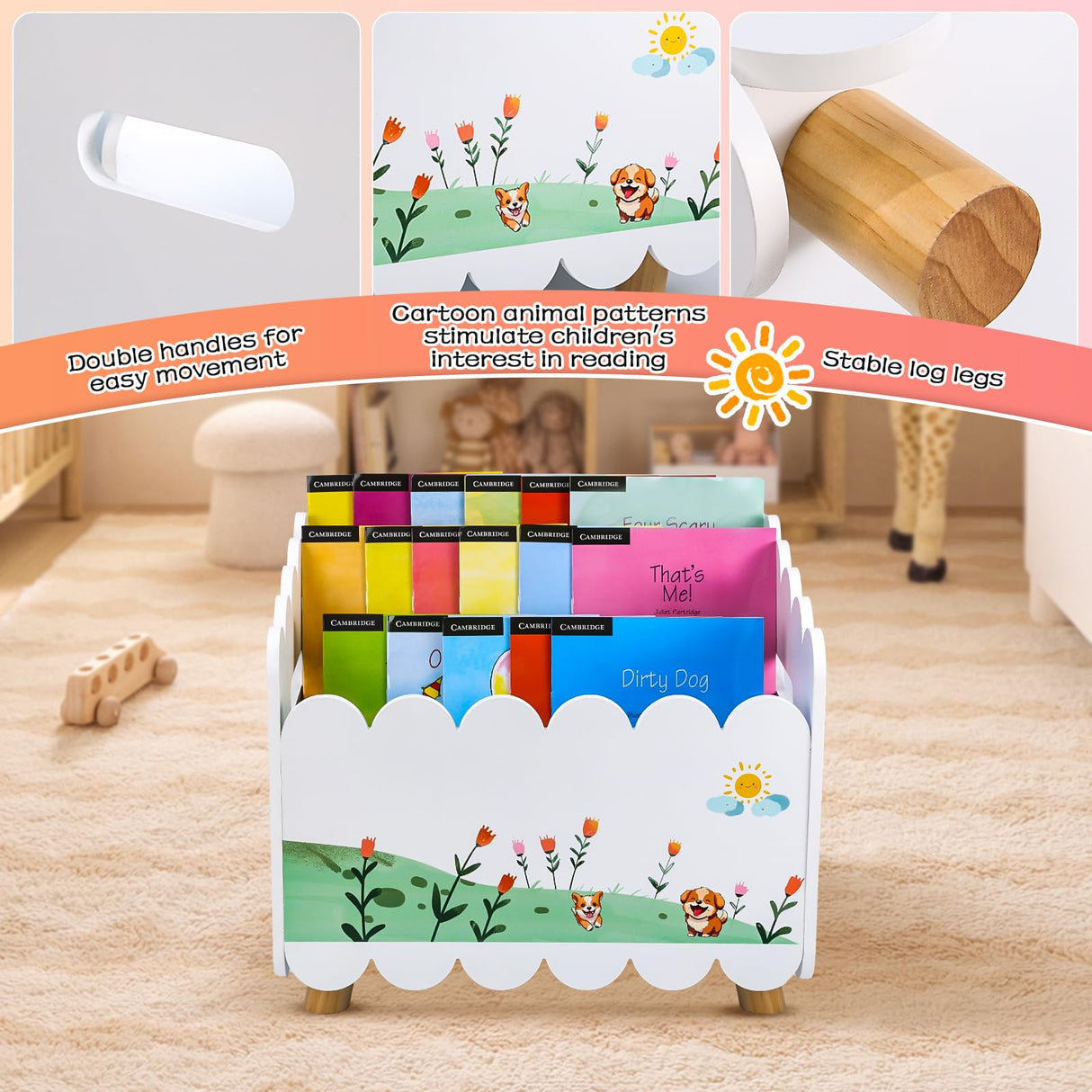 QwayHome Wood Kids Bookshelf with 2 Adjustable Dividers - Montessori Bookshelf for Nursey Room or Playroom - Toy Storage Oragnzier with Handle - Toddler Book Shelf for Bedroom Livingroom Classroom QwayHome