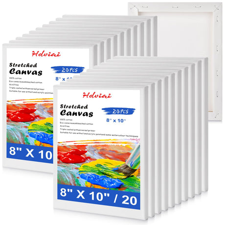 Stretched Canvas for Painting - 8x10 Inch/20 Canvas Value Pack - Triple Primer Acid Free 100% Cotton Blank Canvas for Painting Supplies Oil and Acrylic Pouring Art Watercolor Hdviai