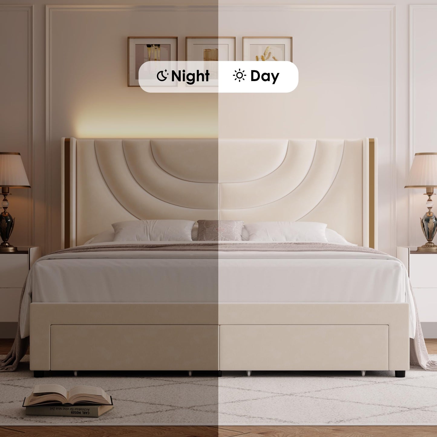 HITHOS King Velvet LED Bed Frame with Wingback Headboard & 2 Storage Drawers in Beige - WoodArtSupply