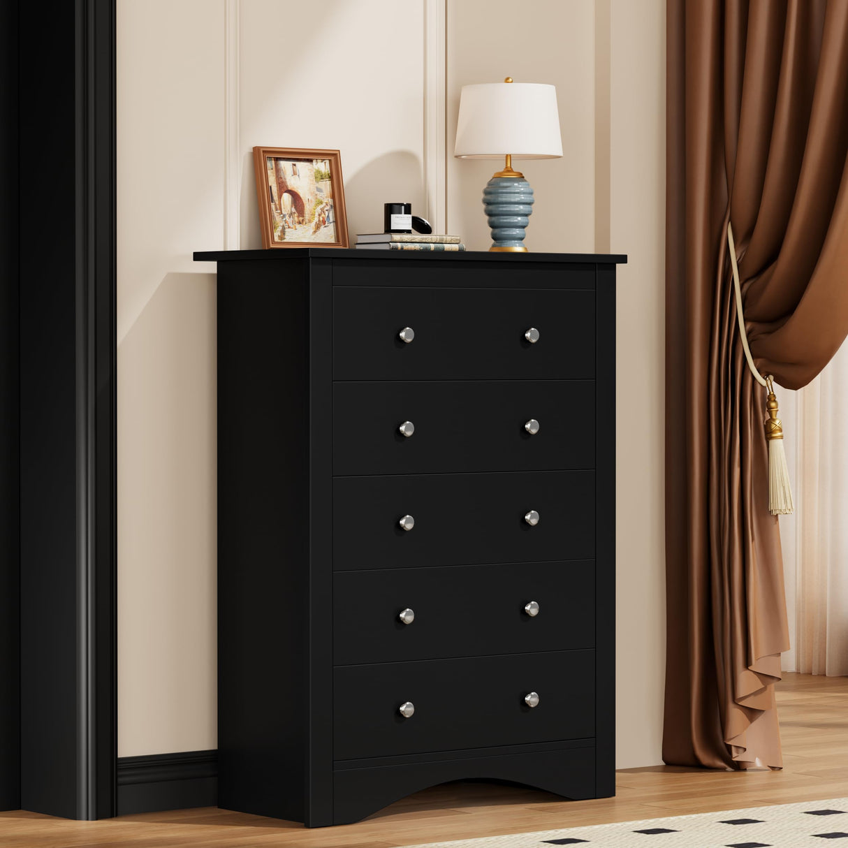 YESHOMY Tall Dresser for Bedroom with 5 Drawers, Modern Chest of Drawers, Wooden Dressers, TV Stand for Living Room,Closet, Hallway (Black)